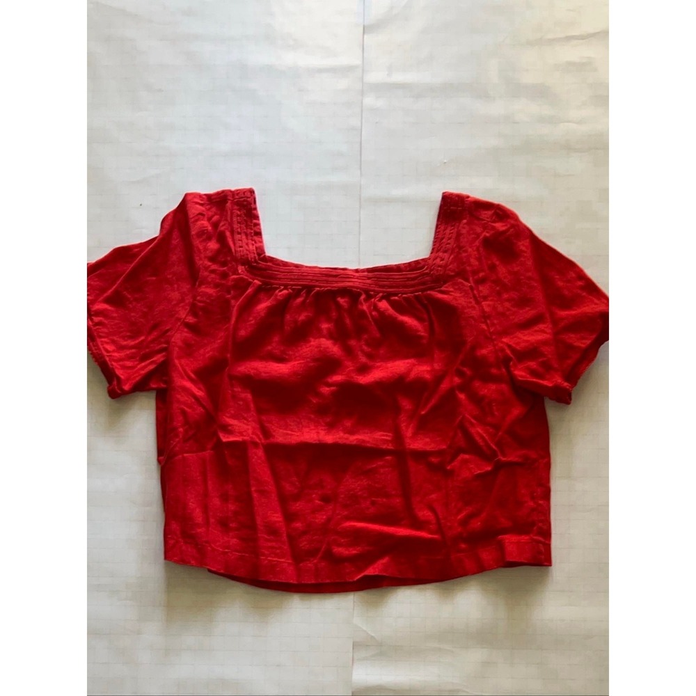 J.Crew Womens Linen Large Red Short Sleeve Square Neck Top Regular Fit